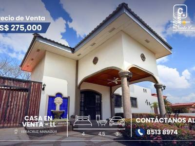 Casa en venta en Veracruz, Managua – 4 hab, 445 m², US$ 275,000