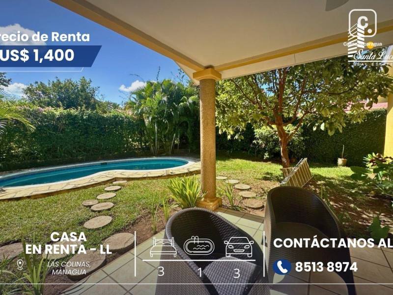 House for rent in Las Colinas, Managua – 3 beds, US$ 1,400/month