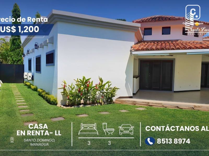 Casa en alquiler en Santo Domingo, Managua – 3 hab, 280 m²