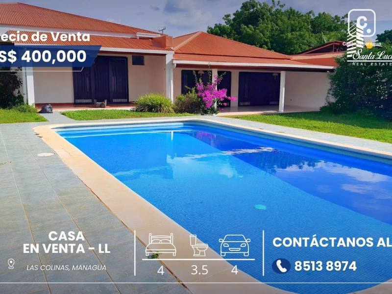 Casa en venta en Las Colinas, Managua – 4 hab, 420 m², US$ 400,000