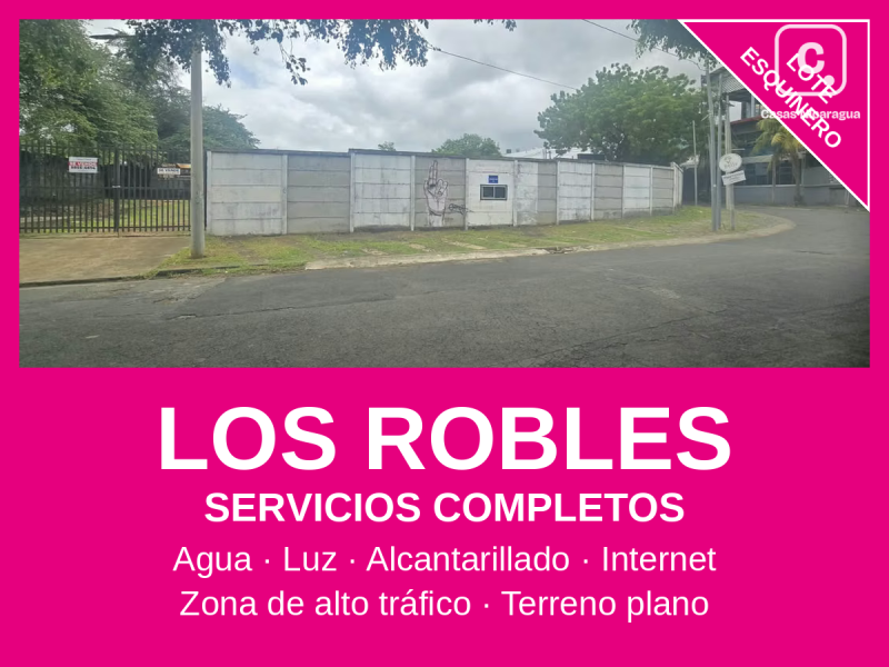 Lote esquinero en Los Robles, Managua · 970 m² · Alto tráfico comercial