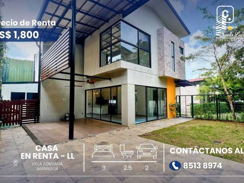 Casa en alquiler en Villa Fontana, Managua – 3 hab, US$ 1,800/mes