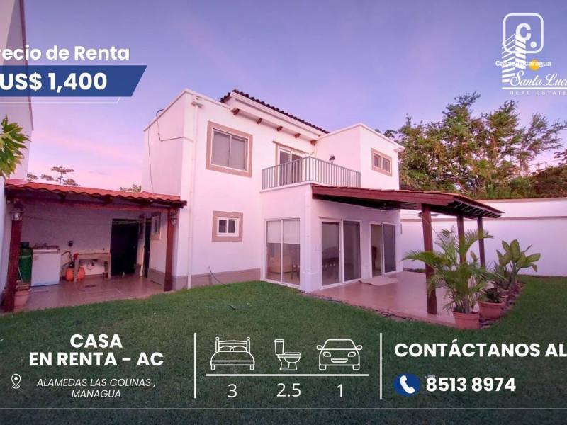 Casa en alquiler en Las Colinas, Managua – 3 hab, Ref SLcasaamuebladaenrentaenalamed
