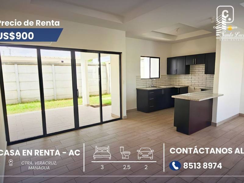 Casa en alquiler en Veracruz, Managua – 3 hab, US$ 900/mes