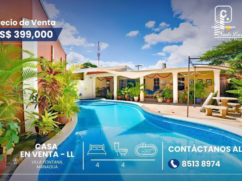 Casa en venta en Villa Fontana, Managua – 4 hab, 424 m²