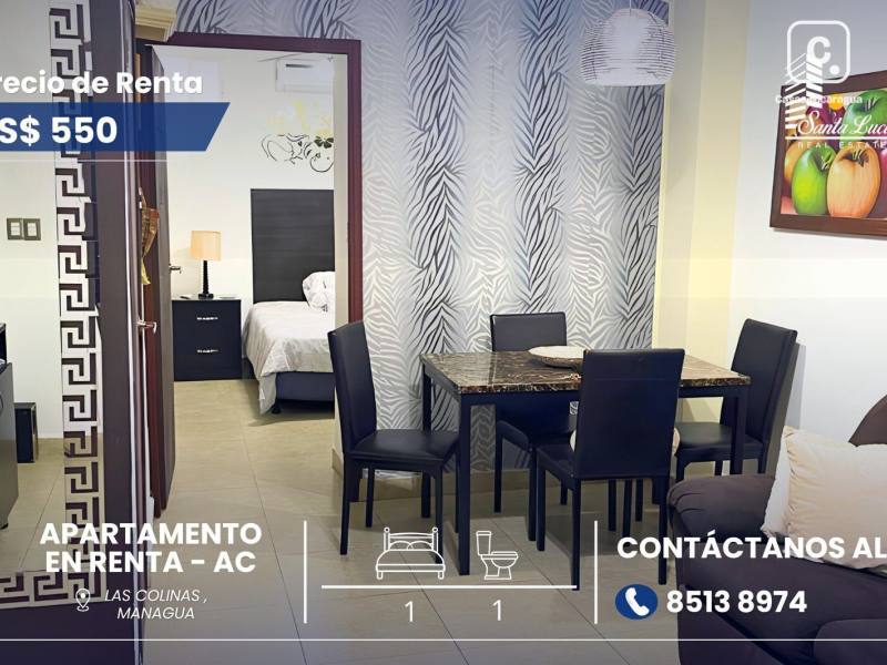 Apartamento en alquiler en Las Colinas, Managua – 1 hab, US$ 550/mes